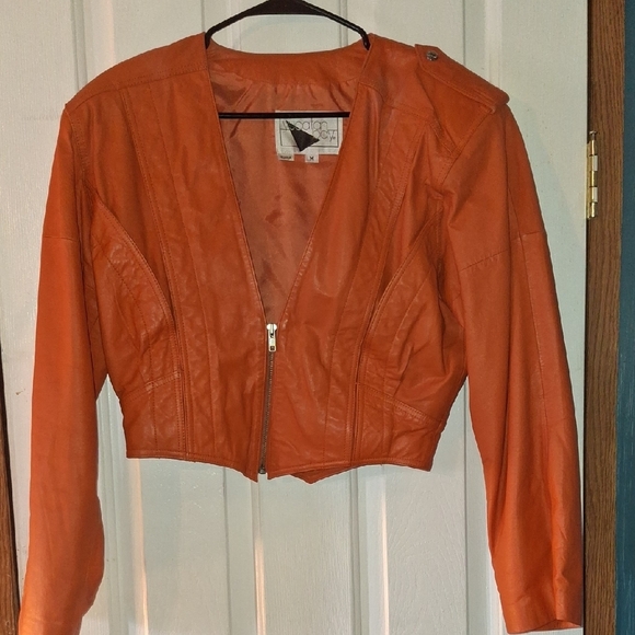 Orange Leather Cropped Jacket with V-Neck - Picture 1 of 11